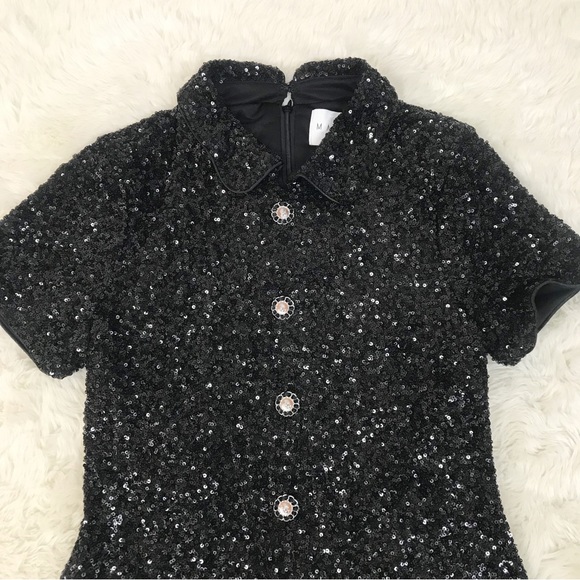 MABLE Anthropologie Black Sequin Mod Mini Dress Peter Pan Collar Party Small New - Picture 5 of 16